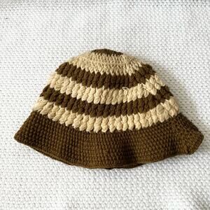 Handmade Crochet Brown Beige Tan Stripe Bucket Hat One Size Boho